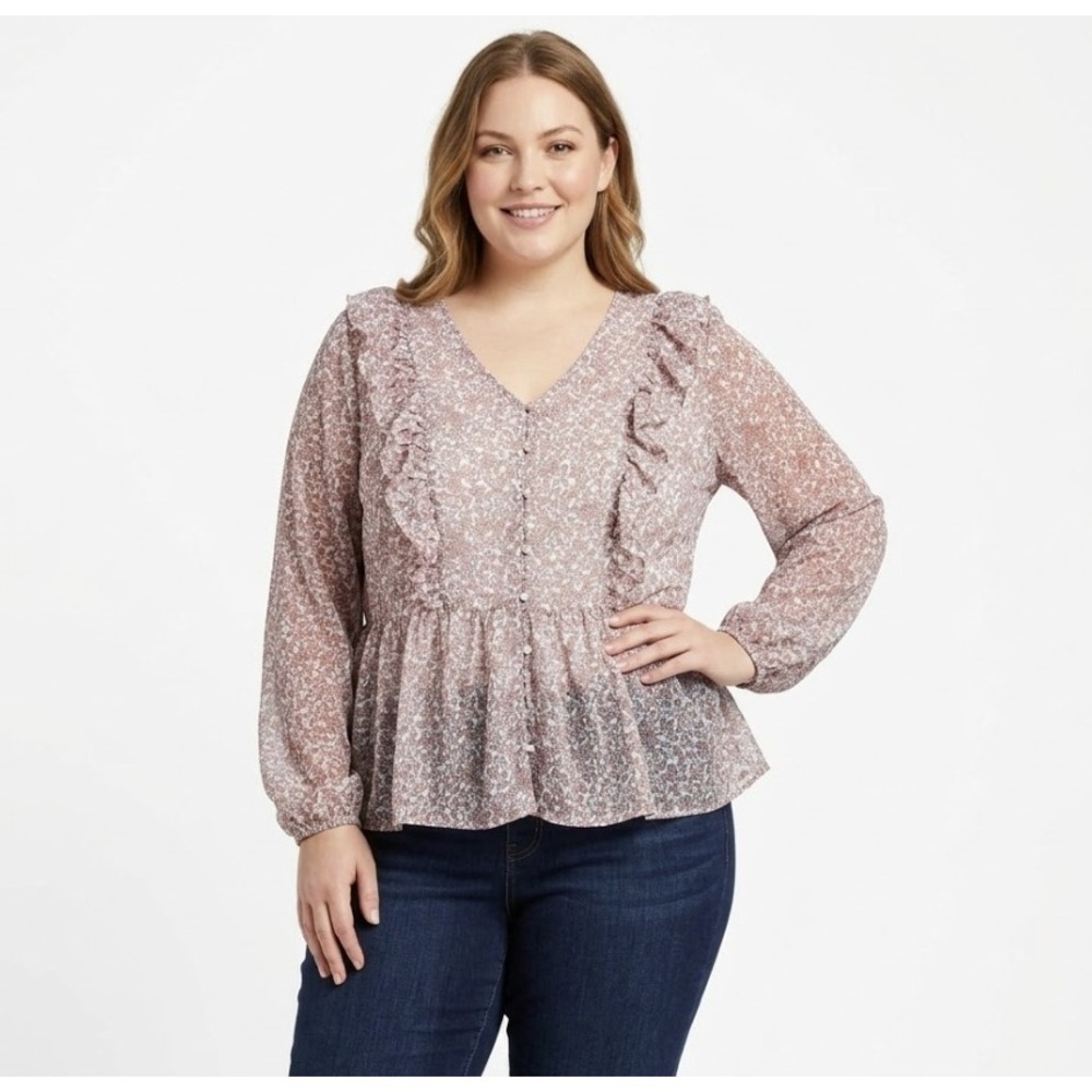 New Moon Orchid Blouse size 18/20 Ditsy Floral Ruffle Boho Peplum Sheer Top